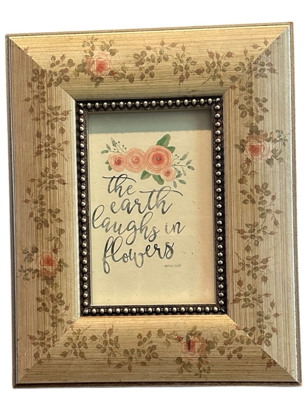 Source Unknown Gold Frame with Pink Rose Motif
